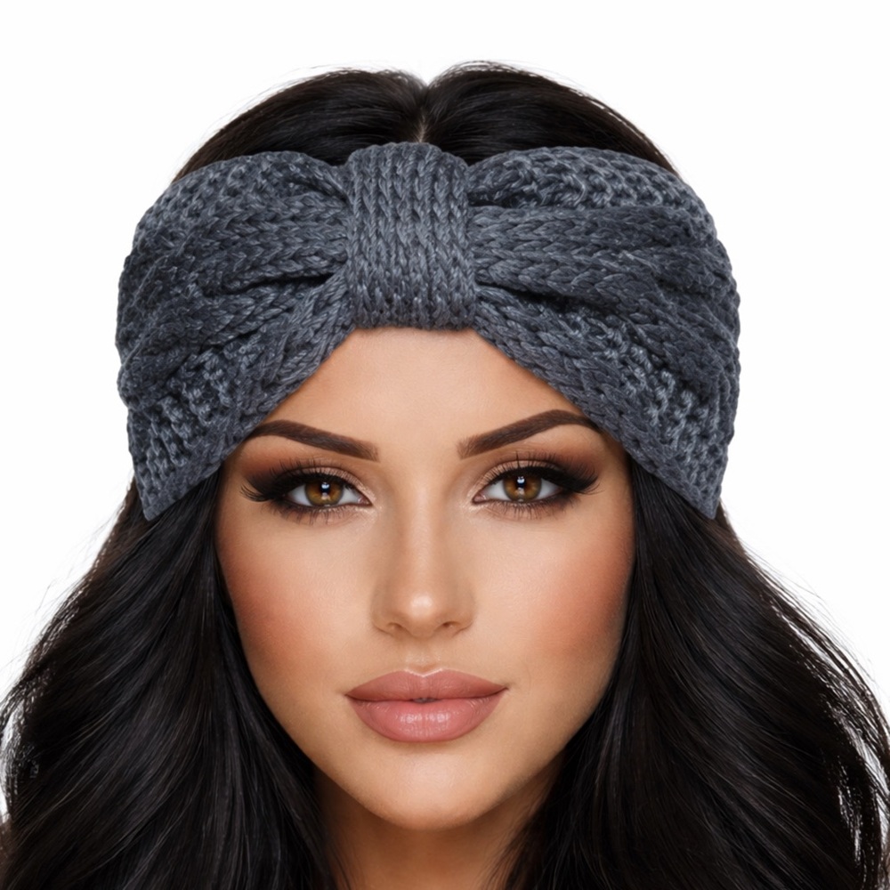 Charcoal Gray Chunky Knit Bow Headband Ear Warmer | Winter Cable Knit Twist